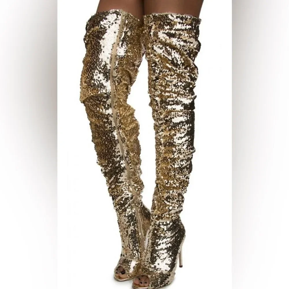 Elegant Collection Gold Sequin Over-the-Knee ruched open toe Boots, US7